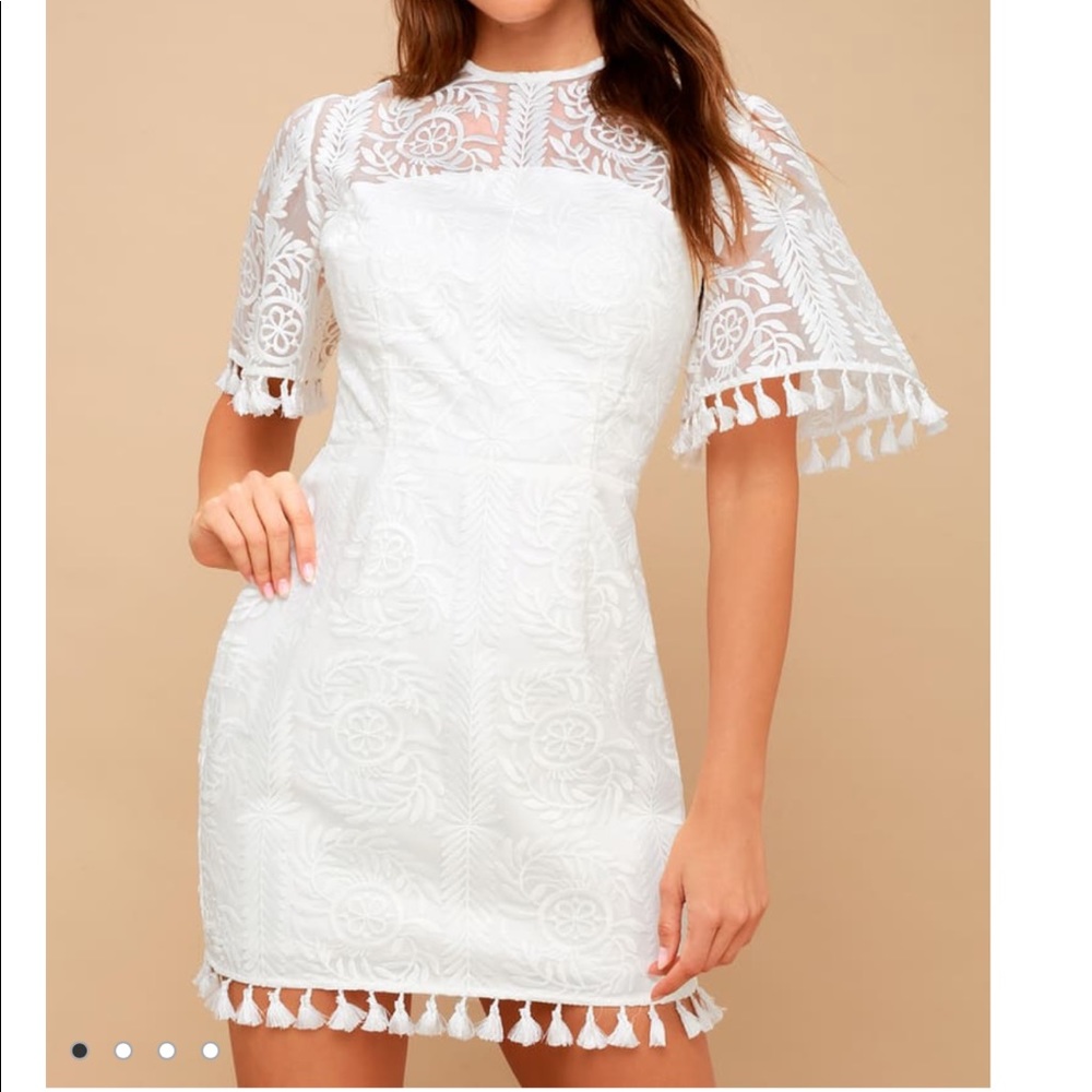 Finders Keepers- White embroidered mini dress with tassels